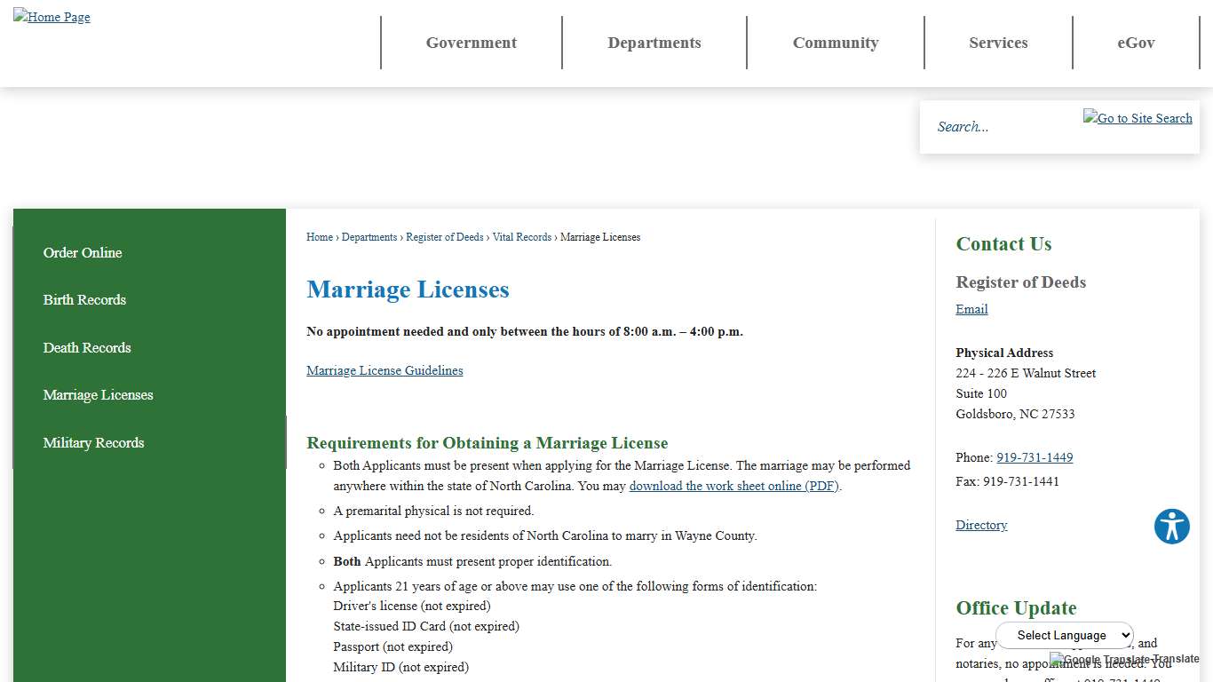Marriage Licenses | Wayne County, NC